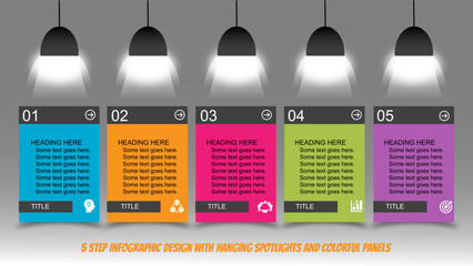 5 Step Infographic Design with Hanging Spotlights and Colorful Panels. Fully editable modern infographic vector elements SVG file compatible with PowerPoint, Illustrator, and most vector applications.