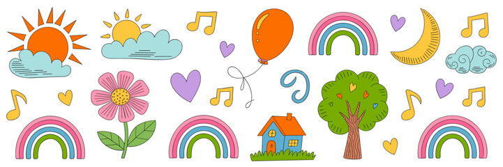 Wall Mural - Cute colorful doodle illustration with sun, rainbow, tree, heart, house, flower and moon
