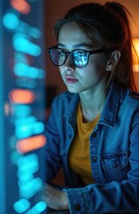 young woman wearing glasses concentrates on digital screen with code, works in software development.