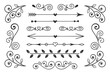 © sporsho - Ornamental Divider Set in Elegant Hand-Drawn Black Vector Featuring Floral Accents, Arrows, and Curves. Vintage Decorative Borders for Invitations and Layouts.