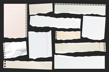 Wall Mural - Ripped paper strips. Realistic crumpled paper scraps with torn edges. Shreds of notebook, book or old newspaper pages. Trendy collage elements. Vector illustration