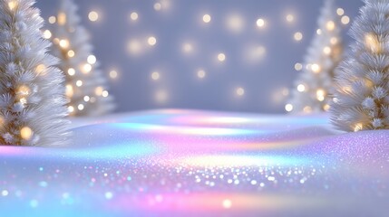 Wall Mural - Festive winter scene with snow-covered trees and colorful lights, creating a magical holiday atmosphere.