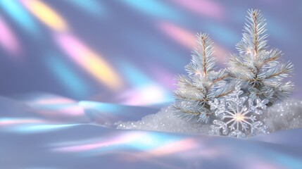 Wall Mural - Frosty pine branches and a glittering snowflake rest on snow, illuminated by soft, colorful light reflections creating a serene winter scene.
