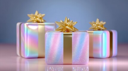 Wall Mural - Three iridescent gift boxes with golden bows on a reflective surface, set against a soft blue gradient background.