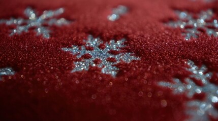 Wall Mural - close-up of glittering snowflakes on a red textured background, creating a festive and elegant holid