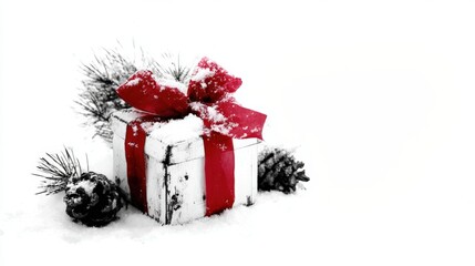 Wall Mural - Festive white gift box with red ribbon, surrounded by pinecones and snow, creating a winter holiday atmosphere.