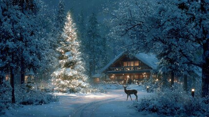 Wall Mural - A serene winter night scene with a snow-covered cabin, lit Christmas tree, and a deer standing in the snowy forest.