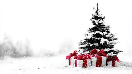 Wall Mural - Snow-covered Christmas tree surrounded by red and white gift boxes in a snowy landscape, evoking a festive winter holiday atmosphere.