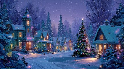 Wall Mural - A snowy village at night, illuminated by festive lights and a decorated Christmas tree, creating a warm and magical winter holiday atmosphere.