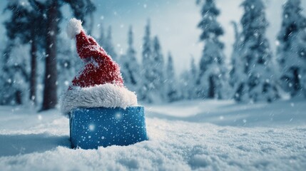 Wall Mural - A Santa hat rests on a blue gift box in a snowy forest, with snowflakes falling gently against a backdrop of snow-covered trees.