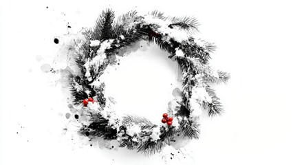 Wall Mural - A festive wreath adorned with snow and red berries, set against a white background with artistic splatters, evoking a winter holiday theme.