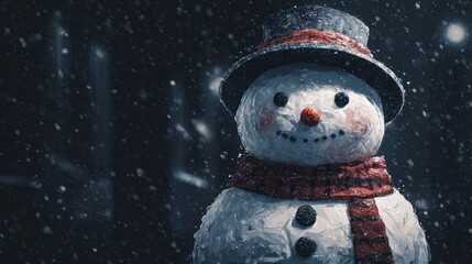 Wall Mural - A cheerful snowman with a hat and scarf stands in a snowy night scene, illuminated by soft light, creating a festive winter atmosphere.