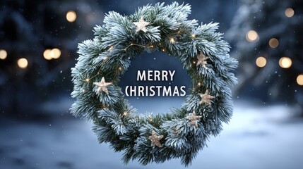 Wall Mural - Snow-covered Christmas wreath with stars and lights, set against a blurred winter background, featuring the text 