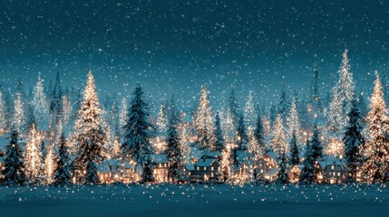 Wall Mural - A picturesque winter scene with snow-covered trees and a village illuminated by warm lights, creating a cozy, festive atmosphere under a starry sky.