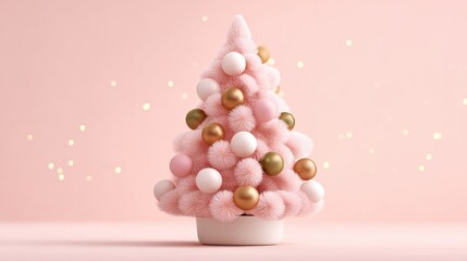 Wall Mural - Pink Christmas tree with gold and white ornaments on a soft pink background, surrounded by glowing lights, creating a festive and whimsical atmosphere.