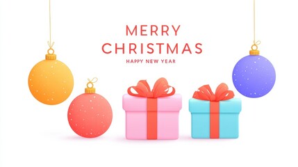 Wall Mural - Festive Christmas scene with colorful ornaments and gift boxes, featuring 