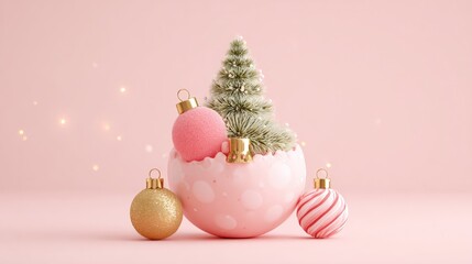 Wall Mural - Festive Christmas scene with a small pine tree in a pink ornament, surrounded by gold and striped baubles, set against a pink background with soft lights.