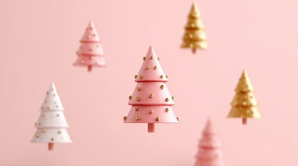 Wall Mural - Multiple small green Christmas trees hanging from ceiling in indoor festive decoration, daylight setting.
