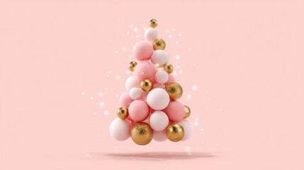 Wall Mural - Close-up of a Christmas tree shape made from green and red balloons on a solid pink background.