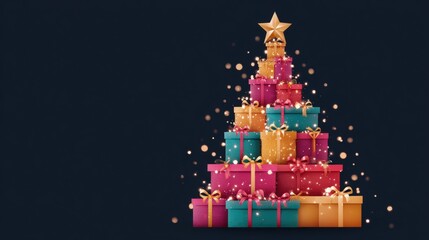 Wall Mural - Close-up of a Christmas tree constructed from stacked colorful gift boxes in bright festive colors.