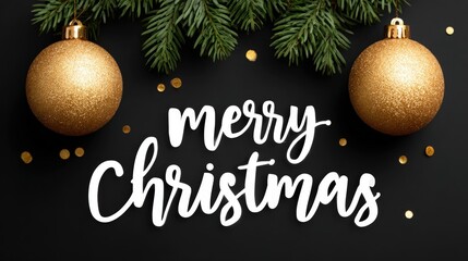 Wall Mural - Christmas card featuring gold baubles and green pine branches on a white background, festive holiday decoration.