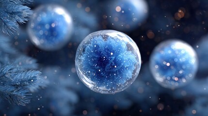 Wall Mural - Close-up of a frosty blue ornament with delicate snowflake patterns, surrounded by a dreamy, blurred winter background.