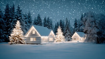 Poster - Snowy winter scene with illuminated houses and trees under a starry night sky, creating a serene and festive atmosphere.
