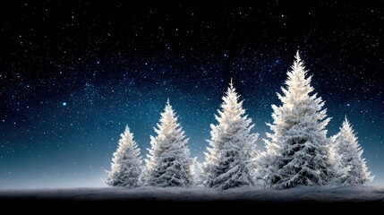 Poster - Snow-covered trees under a starry night sky create a serene winter landscape.
