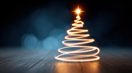Wall Mural - glowing light spiral forming a christmas tree shape on a wooden surface with a dark, blurred backgro
