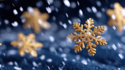 Wall Mural - Golden snowflakes with glitter detail on a dark blue background, surrounded by falling snow, creating a festive and wintery atmosphere.