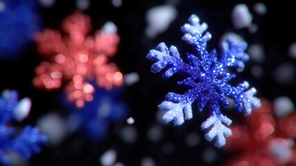 Wall Mural - Close-up of sparkling blue and red snowflakes against a dark background, capturing the essence of winter and holiday festivities.