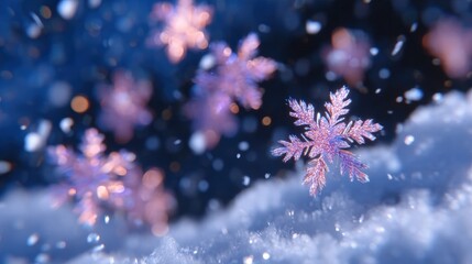 Wall Mural - Close-up of delicate pink snowflakes falling on a snowy surface with a blurred snowy background, creating a dreamy winter scene.