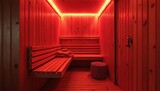 Modern infrared sauna with red LED lighting in wooden room. Offers health wellness relaxation therapy heat spa cabin interior design for luxury comfort well-being. Provides detox body temperature