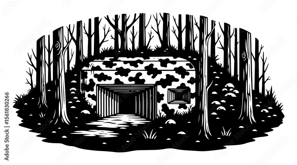 Camouflaged military bunker hidden among dense forest trees, survival ...