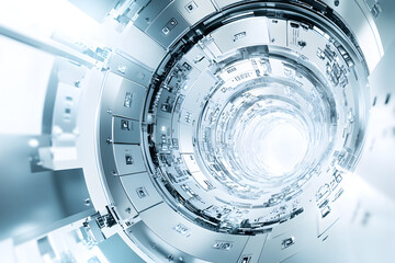 Wall Mural - dynamic encrypting symbols energetically orbit around a fortified data vault white background