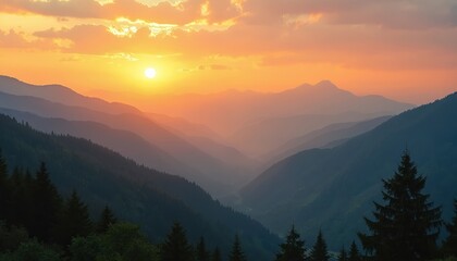 Wall Mural - Summer sunset scenery over forested mountain hills. Silhouettes of distant ridges in evening light. Orange sky, sun glows over valleys. Calm environment, nature travel, tourism concept.