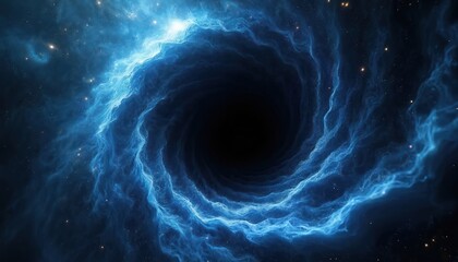 Wall Mural - Abstract artwork depicts a swirling vortex in deep space. Intense blue nebula surrounds black hole center. Cosmic energy, sci-fi, technology and universe themes. Digital illustration.