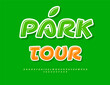 © Popskraft - Vector Travel flyer Park Tour. Glossy Green Sticker Font. Artistic Uppercase Alphabet Letters and Numbers set.