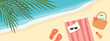 © chrupka - summer banner with tropical beach and towel, book, sunglasses, flip flops, water bottle and SPF cream; perfect for vacation-themed graphics, travel promotions, or seasonal marketing materials