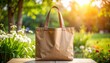 © mudrika - A brown tote bag resting on a wooden table in a sunlit garden filled with flowers
