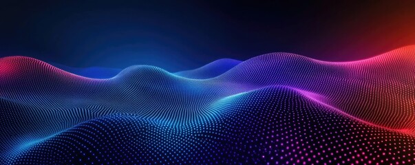Wall Mural - Abstract Dark Background with Glowing Dotted Wavy Lines Landscape and Neon Color