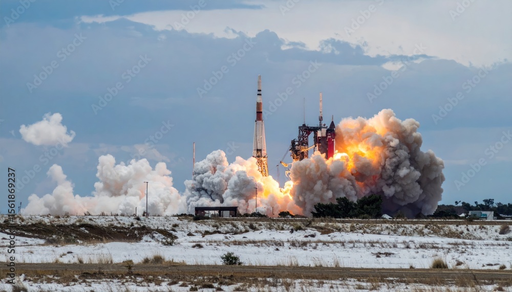 Spectacular view of rocket launch against a cloudy sky, leaving a trail ...