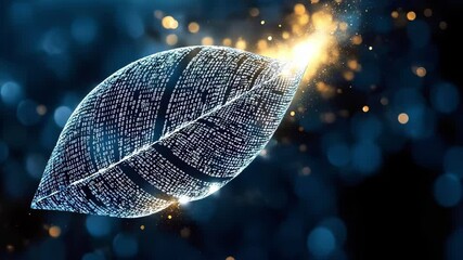 A digital representation of a leaf formed with binary code and glowing particles, symbolizing technology and nature integration.