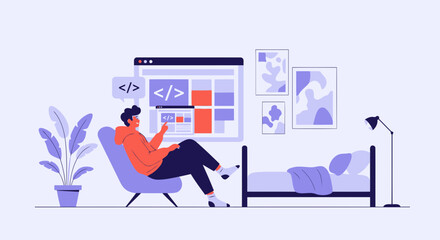 Man In His Room Working As A Programmer Remote Work From Home Concept