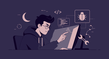 Nighttime Coder Solving Problems On Screen With Tools And Crescent Moon