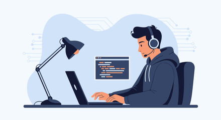 Focused Coder Working On Laptop With Headphones In Modern Workspace Illustration