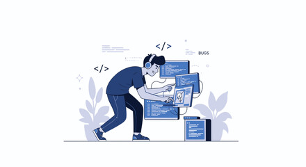 Focused Developer Working With Multiple Screens Coding Solving Problems