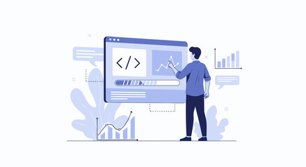 man analyzing code and financial charts for digital business strategy