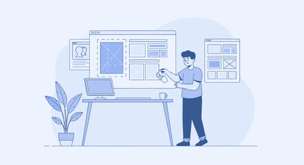 Man Designing Website Interface on Multiple Screens Concept Illustration