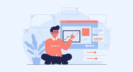 Man Explaining Graph For Developers With Code Vector Illustration